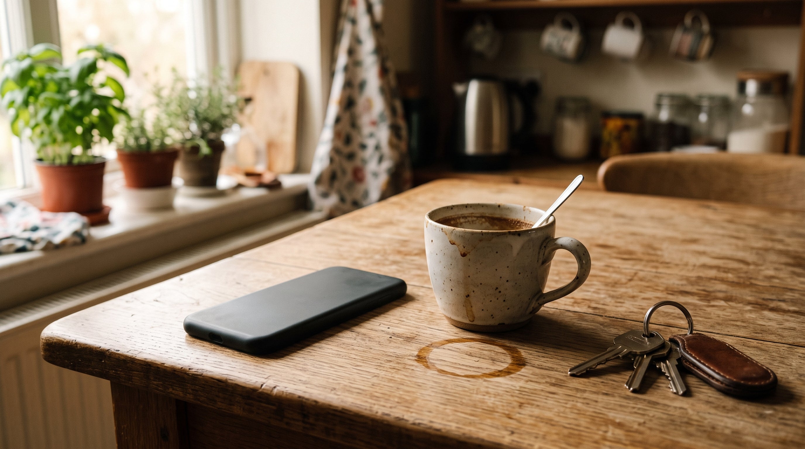 A morning kitchen scene with a phone face down on the bench beside a cup of coffee