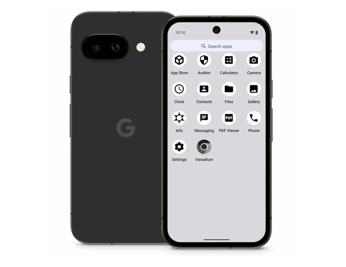 The GrapheneOS home screen on a Pixel, showing ordinary everyday apps installed and running