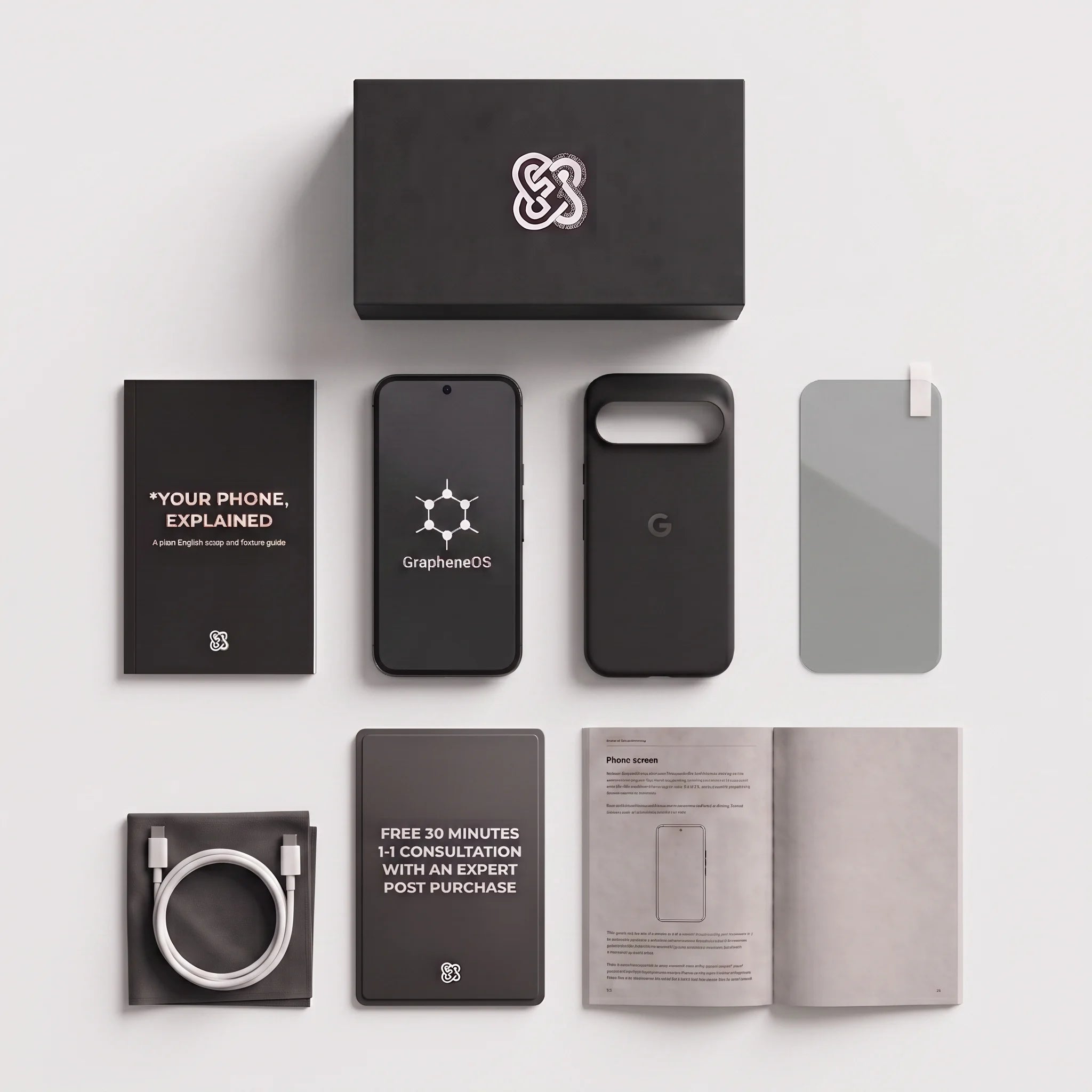 The GhostEncrypt package contents laid out: the Pixel 9 Pro, a case, a screen protector and a printed guide